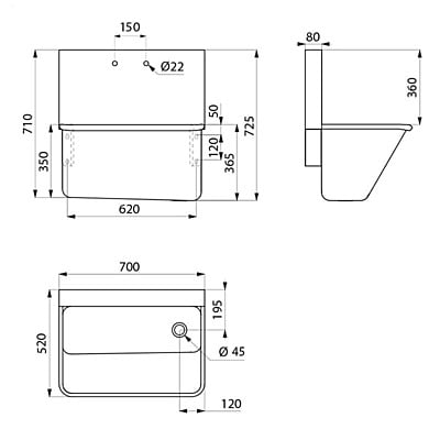 Delabie Surgical scrub up trough with high splashback (two holes)