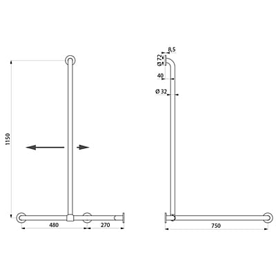 Delabie Basic two-wall shower grab bar with sliding vertical bar, white